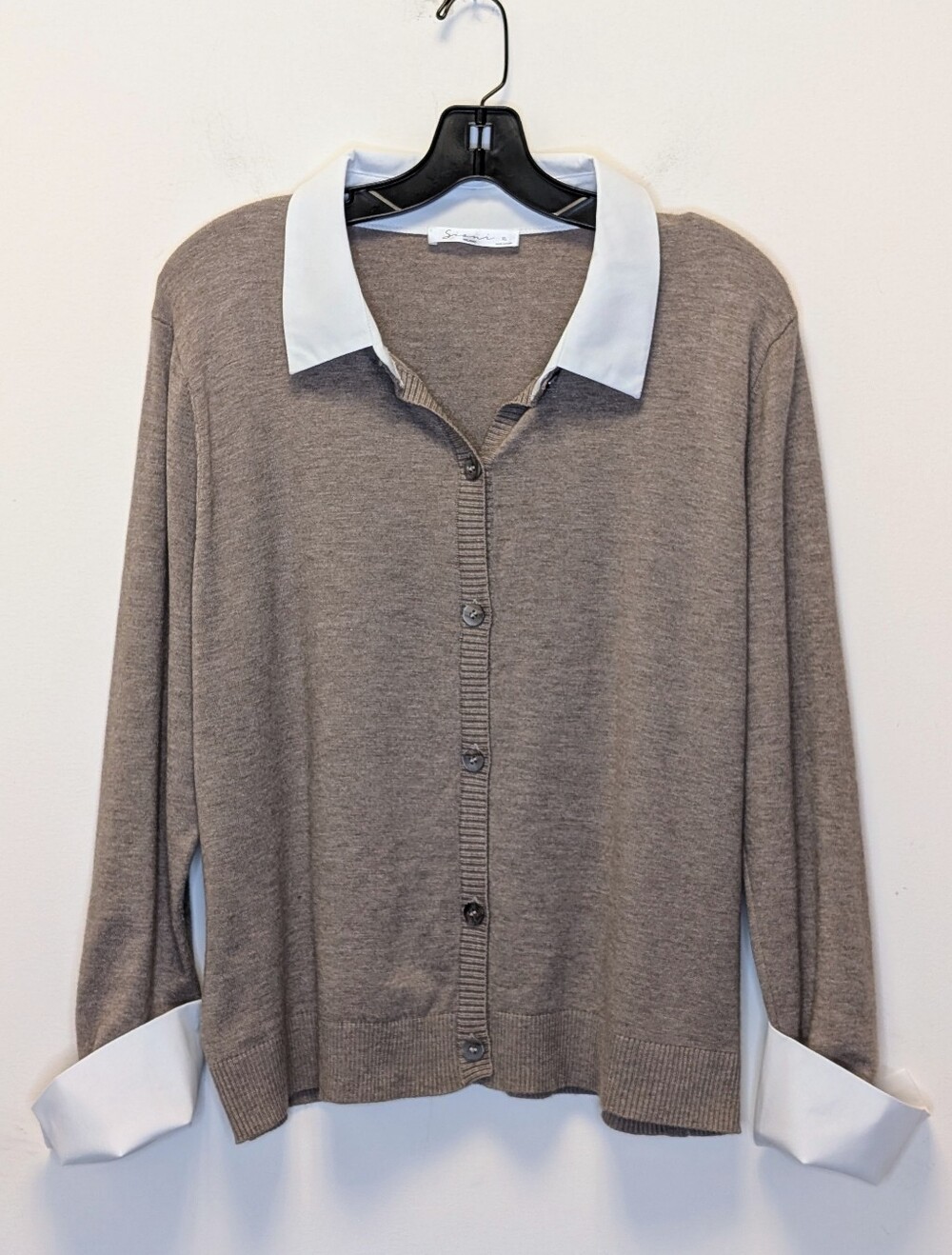 Sioni Milano Layered Look Button Front Cardigan Sweater Taupe Ivory XL